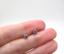 925 Sterling Silver Purple Crystal Round 4mm Dainty Stud Earrings