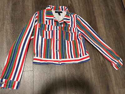 Forever 21 Womens Small Denim Striped Cropped Jacket red