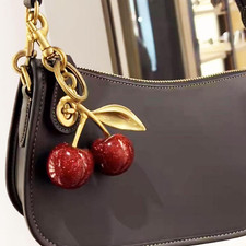 Glittering Cherry Bag Charm w/ Key Ring  Clip, Sparkling Resin Metal Accessory