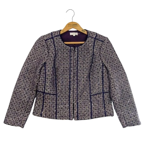 Giacca tweed metallizzato Tory Burch Kennedy taglia 12 viola prugna paillettes scintillante