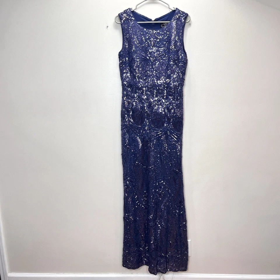 Maxi Vestido Mantón Alex Evenings Azul Púrpura Lentejuelas Sin Mangas Talla 10 Foto 3 de 4