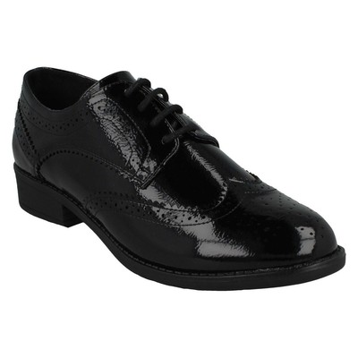 Donna IN Vernice Nera con Lacci Eleganti Formale Brogue Scarpe Basse Spot  On | eBay