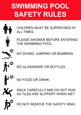 Hinweisschild maßgeschneidert Schwimmbad Regeln Sicherheit Foamex Hart-PVC ODER Aufkleber Decal