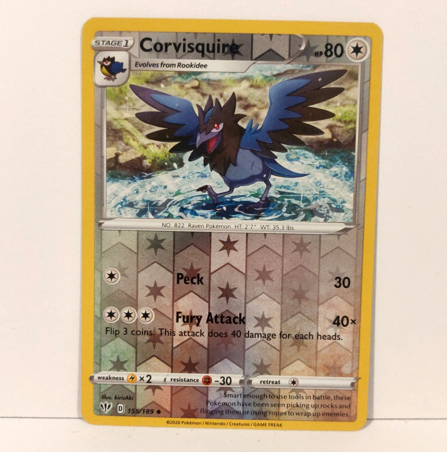 CORVISQUIRE Pokemon Card 155/189 Darkness Ablaze Rev Holo Near Mint Trading 