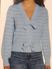 Express Women's Relaxed Fit Soft Cozy Stylish Bow Cardigan Blue Large