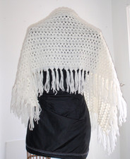 Fringed Granny Shawl White Open Crochet Rectangle 60" x 26" Boho Chic Hand Knit