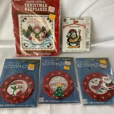 Vintage Lot Of 5 Holliday Christmas Cross Stitch Ornaments Mini Wall Hanging 