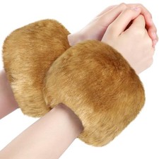 Faux Fur Short Wrist Cuff Winter Fuzzy Wrist Cuff Warmers for Women Brown