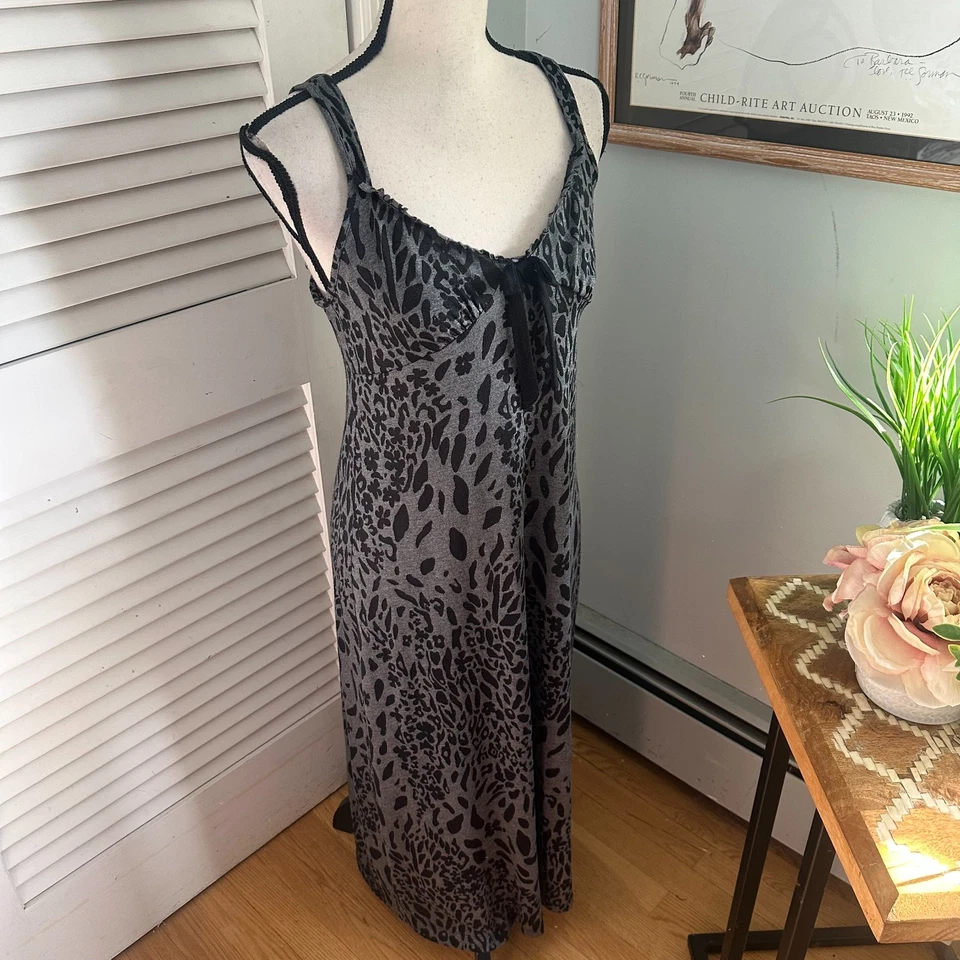 JONES NEW YORK Womens Night Dress Small Gray Leopard Print Retro Y2K Jersey Midi - Image 3 of 4