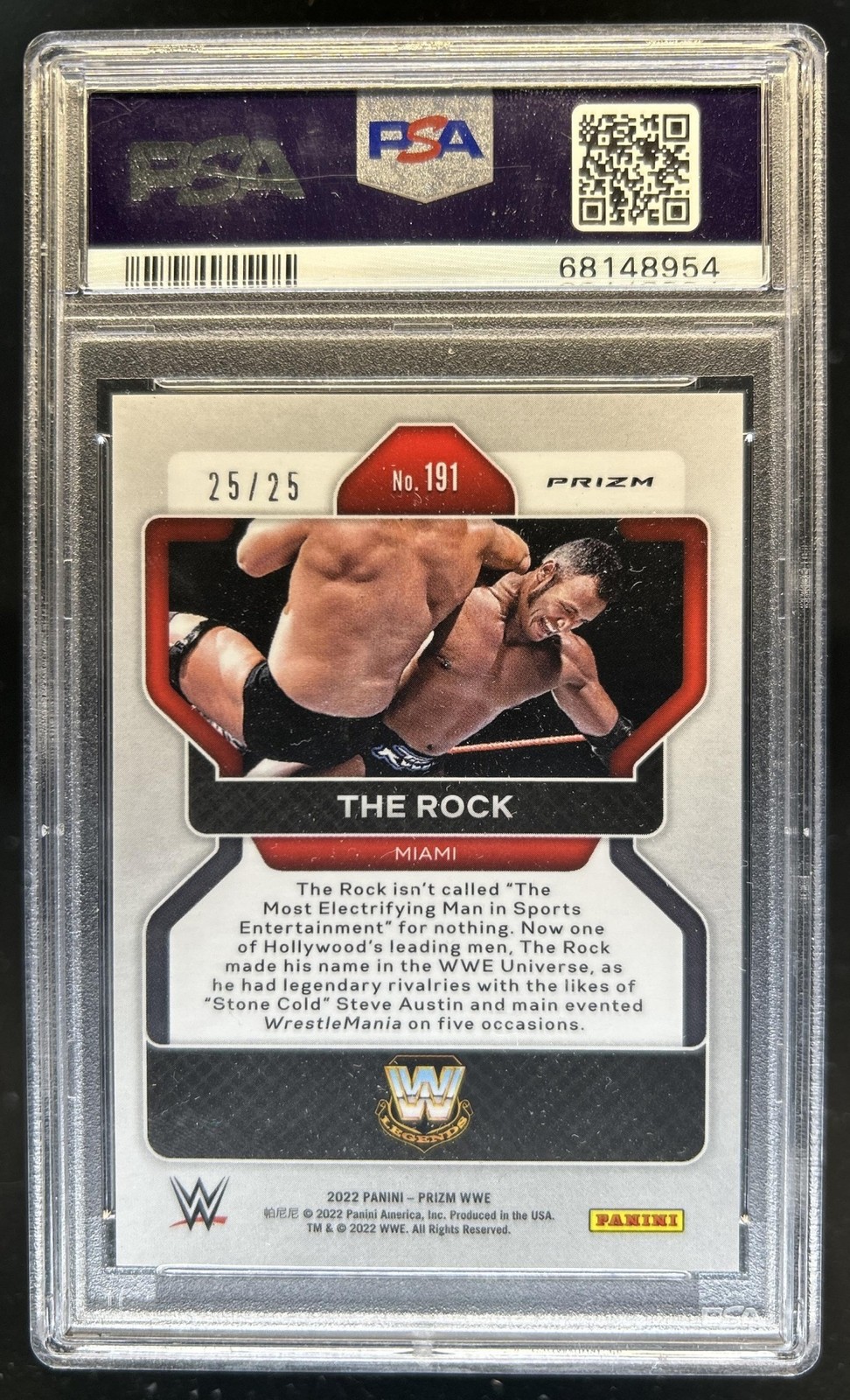 2022 Panini Prizm WWE The Rock Mojo #/25 PSA 9 view 2