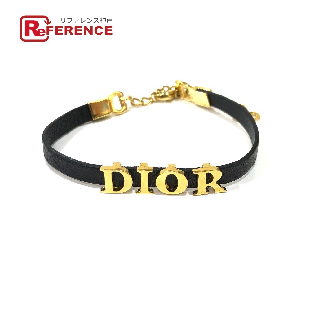 Dior Logo Choker Bangle Bracelet in Black Metal and Leather for Women