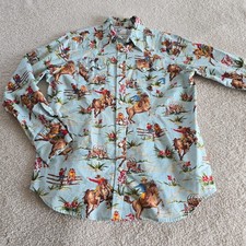 Rockmount Ranch Wear Women Diamond Snap All-Over Western Motif Shirt Blue Sz XL