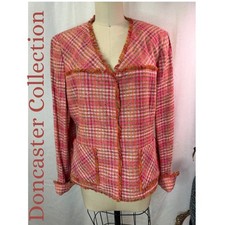 Doncaster Collection Pink Plaid Tweed Blazer Jacket Fringe Trim Size 12 Classic