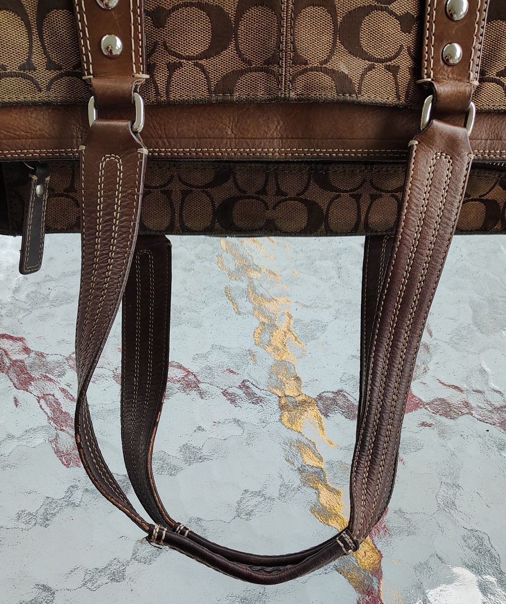 Coach Brown Signature C Woven Canvas Bag w/Leather Trim & Turnlock
