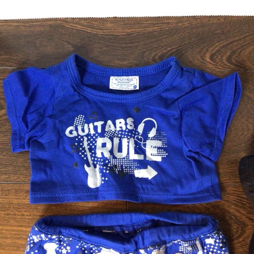 Build A Bear Guitars Rule Outfit Blue Shirt Shorts Plush Guitar Rock Music Set - Picture 2 of 4