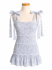 Love Shack Fancy Purple Floral Belle Smocked Mini Dress M Tie Sleeves-Romantic