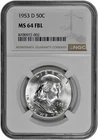 1953 D 50C BU Silver Franklin Half Dollar NGC Graded MS 64 FBL White Coin