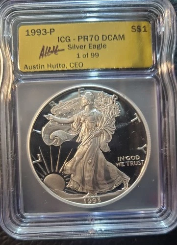 1993-P Proof Silver Eagle ICG PR70 DCAM Austin Hutto Signed Gold Label 1 Of 99