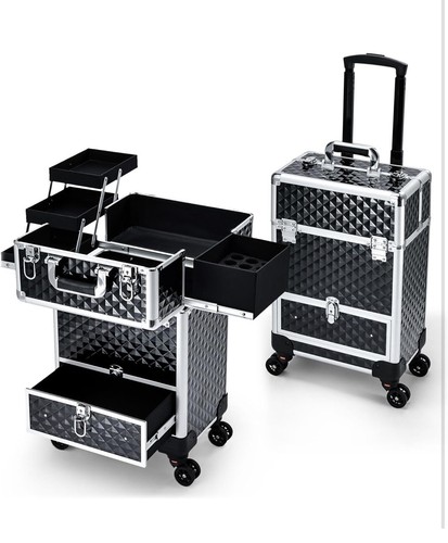 Rolling Expandable Lockable Makeup Trolley Case Black Silver 13x9x22"
