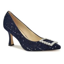 Nine West Womens Sz 7M Jaquee Dark Blue Tweed Embellished Buckle Toe Dress Pumps