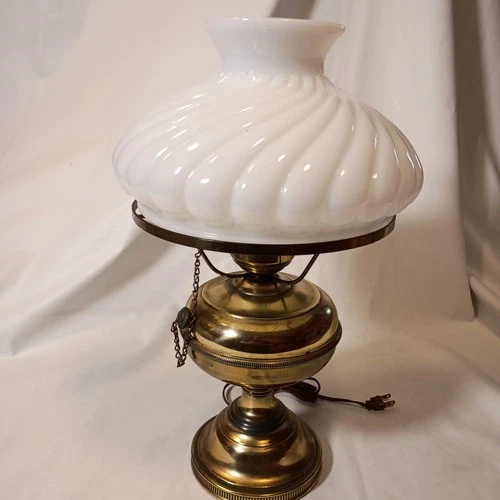 Vintage Brass Hurricane Student Lamp White Swirl Milk Glass Shade & Chimney