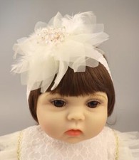 Baby Girls Lace Feather Headband Beads Gauze Flower Elastic Toddler White