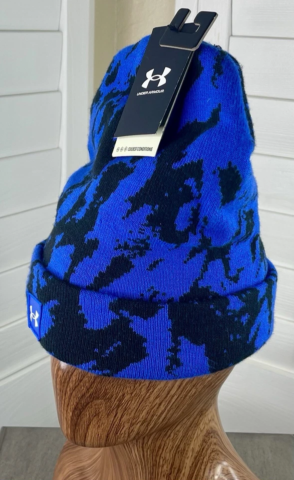 Under Armour UA Halftime Blue/Black Camo Print Cuffed Knit Beanie/Hat, OSFM, NWT - Image 3 of 4