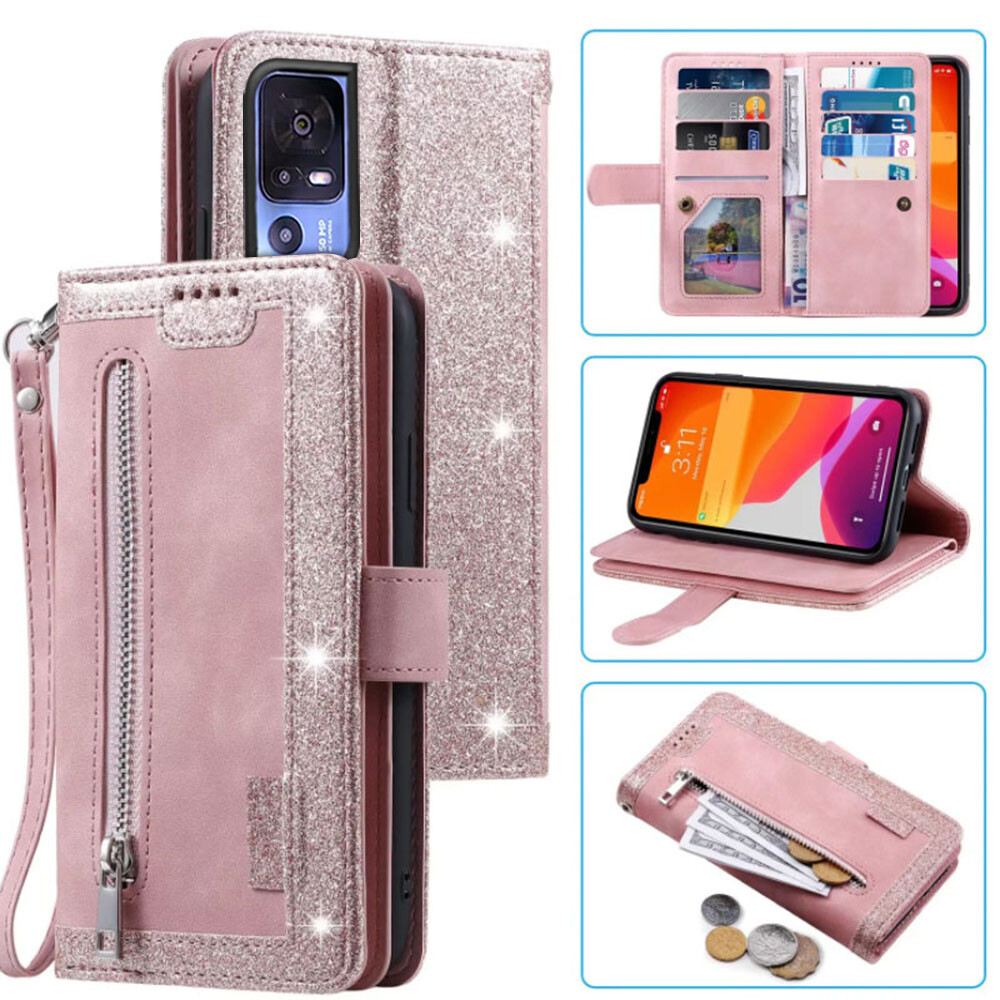 TCL 40SE Wallet Case,Leather Zipper Magnetic Flip Card Phone Case For TCL 40SE