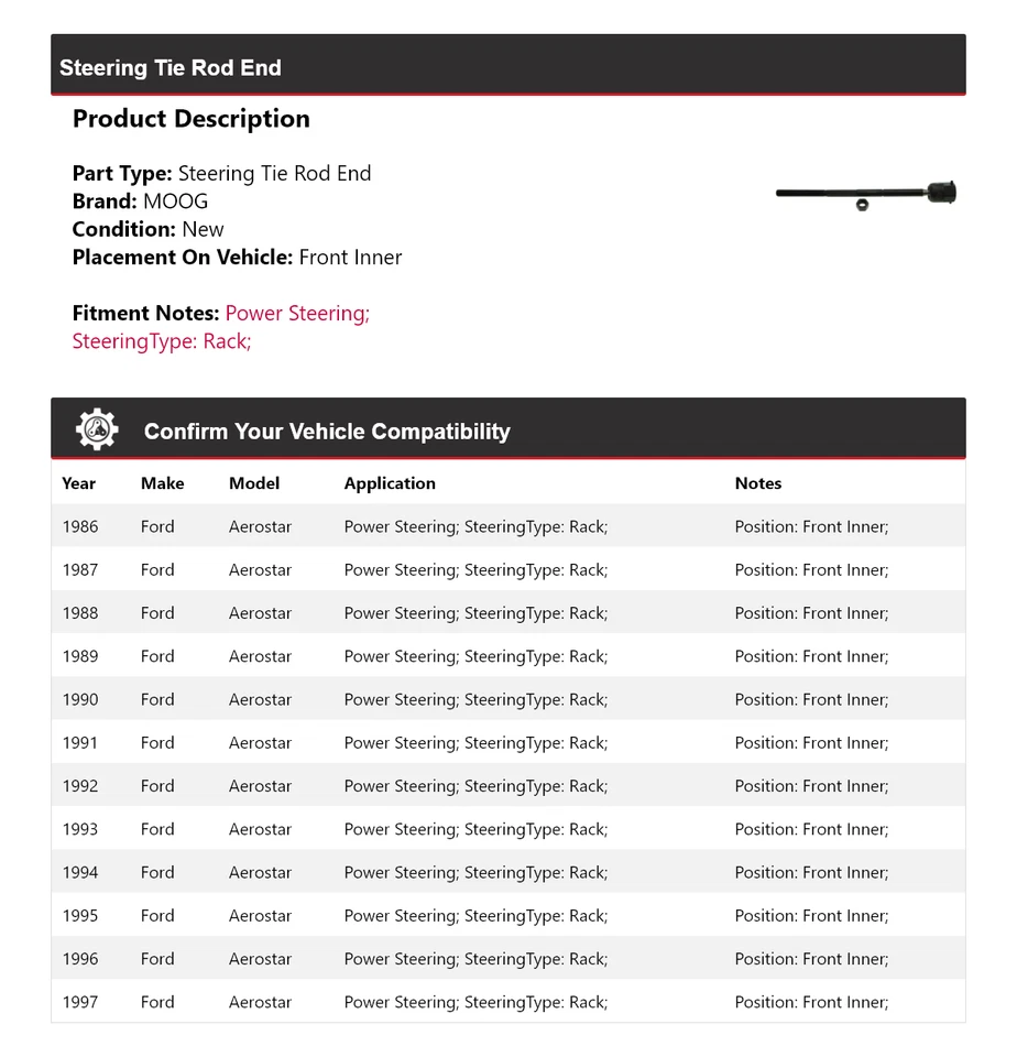 Barra de dirección interior delantera MOOG 1986-1997 Ford Aerostar 1986-1997 1987 1988 Foto 2 de 4