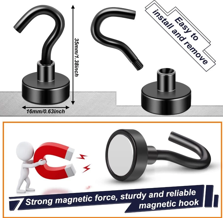 Paquete de 6 ganchos magnéticos de neodimio fuerte de 25 libras para colgar y asar refrigerador negro Foto 2 de 4