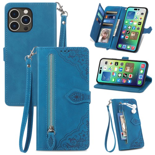 For iPhone 16e 2025/16 Pro Max/15/14 Leather Zipper Wallet Stand Case with Strap - Picture 13 of 47
