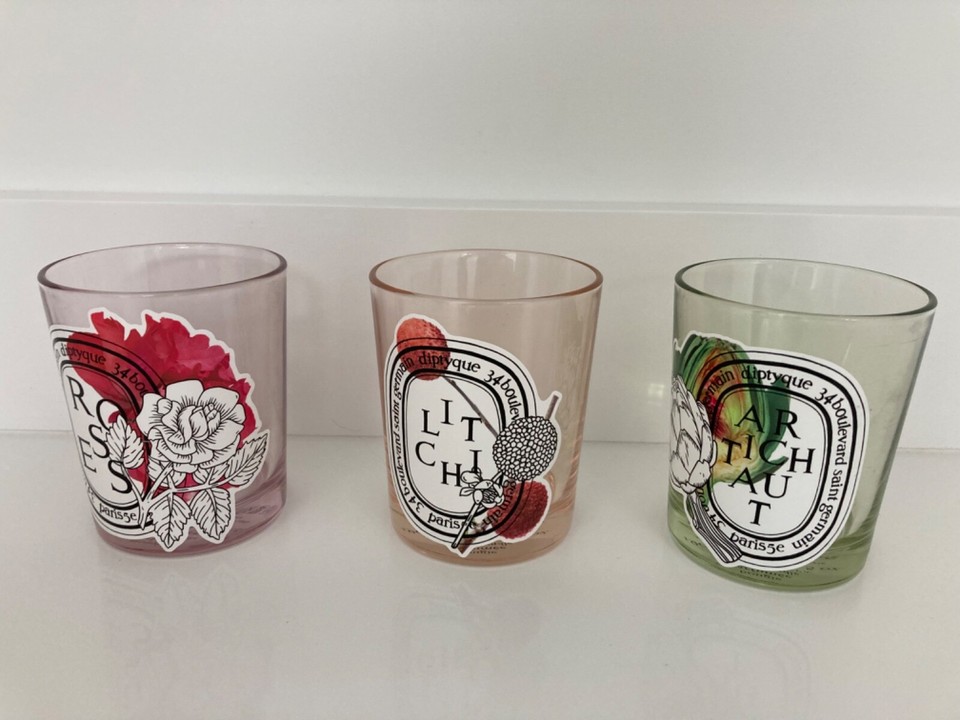 Diptyque 3 EMPTY Candle Jars Limited Edition Artichoke Artichaut Litchi