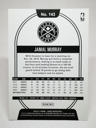 Panini Hoops 2020-21 N25 card NBA base #143 Jamal Murray Denver Nuggets - Photo 2 sur 2