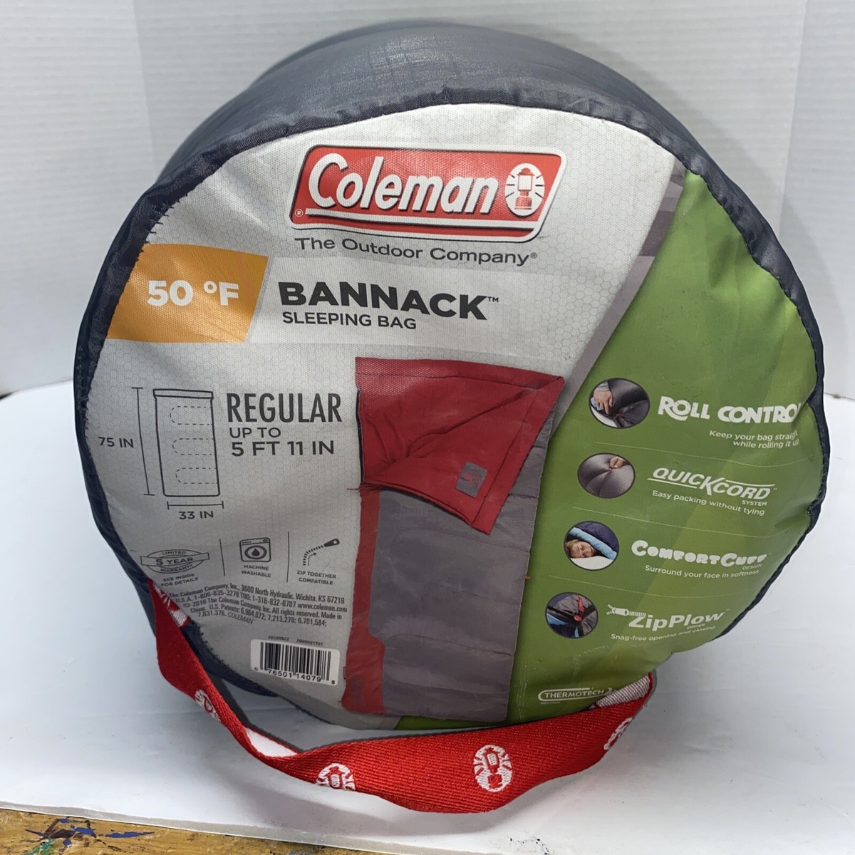 New Coleman Bannack 50 F Degree Sleeping Bag 75x33 Inch Red Gray