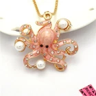 New Pink Enamel Pearl Deep Sea Octopus Fashion Women Pendant Sweater Necklace