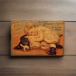 Metal Ad Sign Vintage Hoyt's German Cologne Artwork Girl with Dog 16"Wx10"H