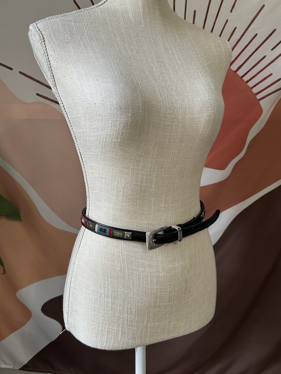 Brighton Black Leather Thin Belt size XL 36 Women’s Southwest Navajo 03501 vtg Brighton 03501 Black Leather Southwest Beaded Belt Size  main image 3