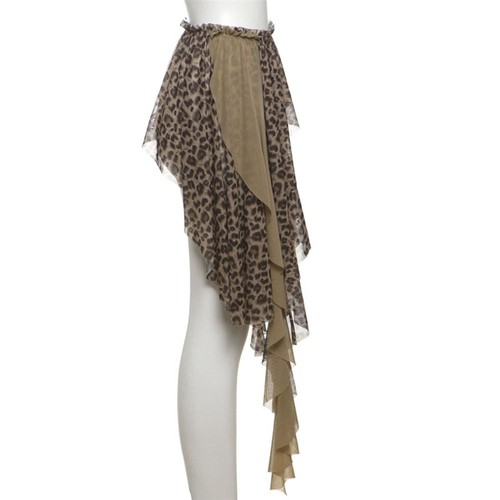 See Through Lace Up Ruffles Skirt Leopard Print Pleated Skirts - Picture 6 of 12