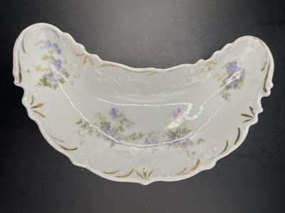 Antique Silesien Germany Porcelain Bone Dishes Crescent Purple Floral Gold