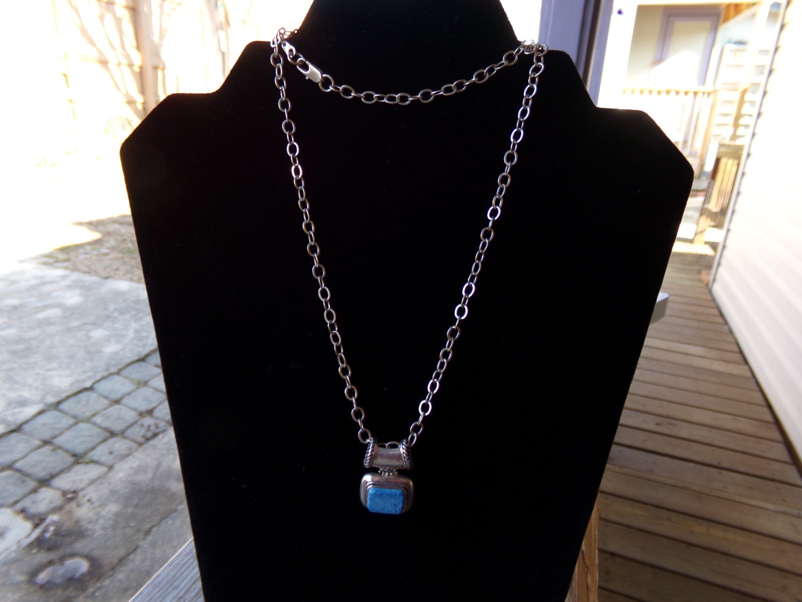 Solid Sterling Silver 925 Blue Stone Necklace 24.… - image 1