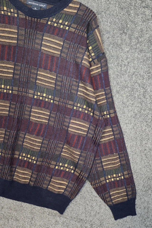 Vintage Sweater Men's 2XL Multicolor Geometric Plaid Knit Pullover 1990s Grandpa - Image 2 of 4