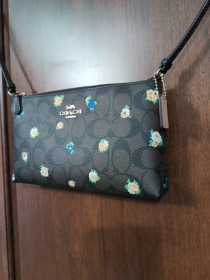 Bandolera Coach Popup Messenger con inserción de billetera. Floral marrón amarillo y azul Foto 3 de 4