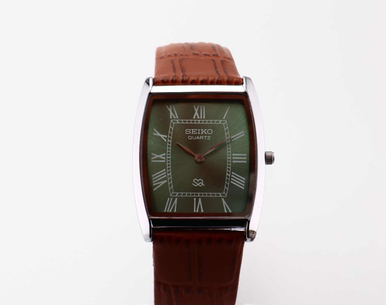 Vintage Seiko Barrel-Tank Quartz Green Dial Men's Watch with Light-Brown Strap