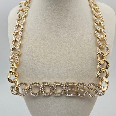Rhinestone Goddess Cuban link chain necklace