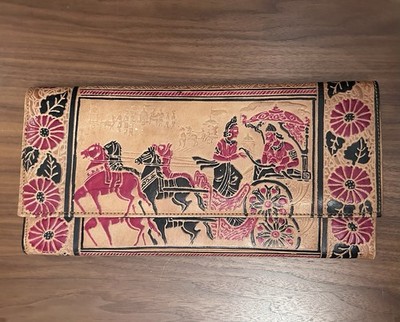 1970s Hand-Tooled Leather Indian Clutch / Wallet - Chariot Scene Vintage EUC!