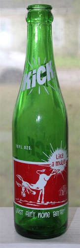 Kick Royal Crown ACL painted label soda bottle with picture of kicking donkey