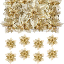Artificial Poinsettia Christmas Flowers with Clips, Gold, 24 Pcs, Large Size
