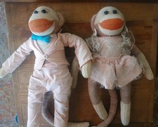 Vintage Designed Hand Made Sock Monkey Doll Couple Pink Handmade Clothes Darling