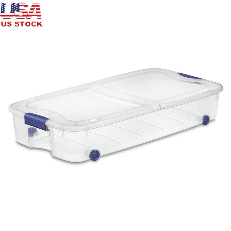 Wheeled Underbed Storage Bin with Clear Split Lid 66 Quart Organizer