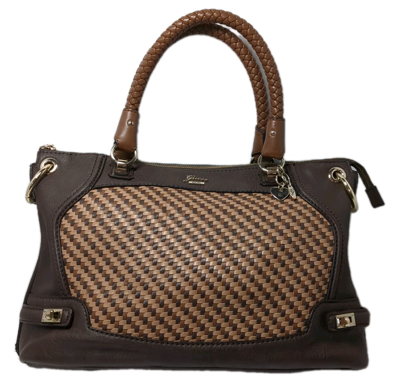 Guess Dizzy Brown Woven Handbag With Braided Hand… - image 1